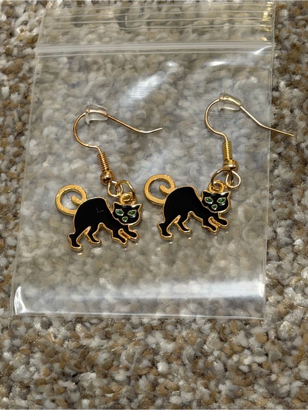 Gold & Black Cat Earrings with Green Eyes